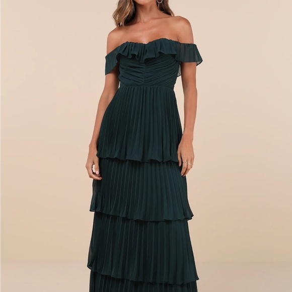 New Lulu's Always Remarkable Emerald Green Pleated Off-the-Shoulder Maxi Dress - Picture 5 of 7